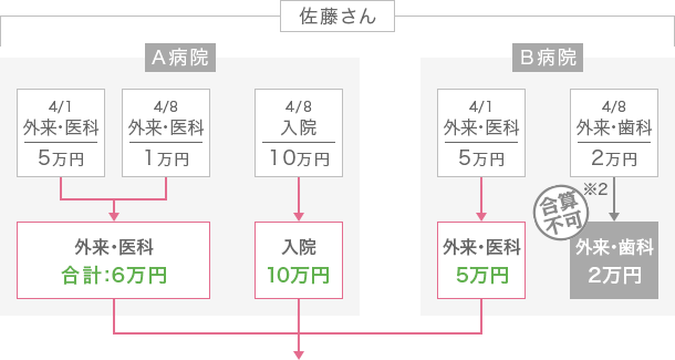 ひとりの人が同一月に複数医療機関に受診した場合の合算例