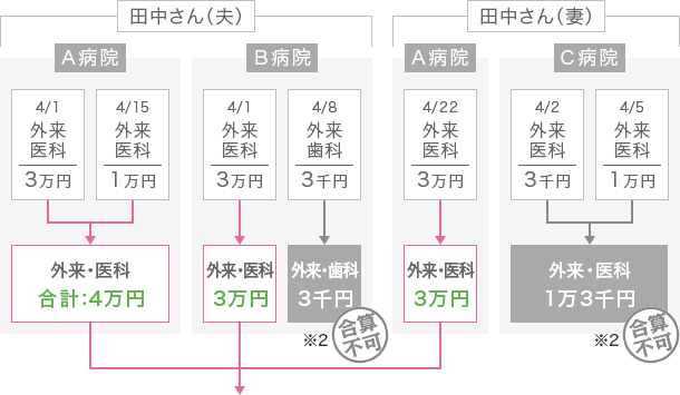 同一世帯の複数人が複数医療機関に受診した場合の合算例（ 同じ医療保険に加入している場合に限る）