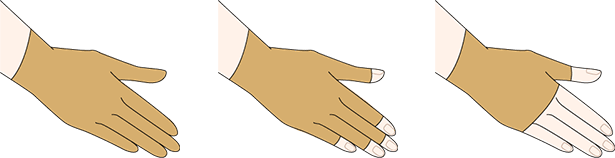図：弾性グローブ3種（指先の出るもの、指の出るもの、全て覆うもの）